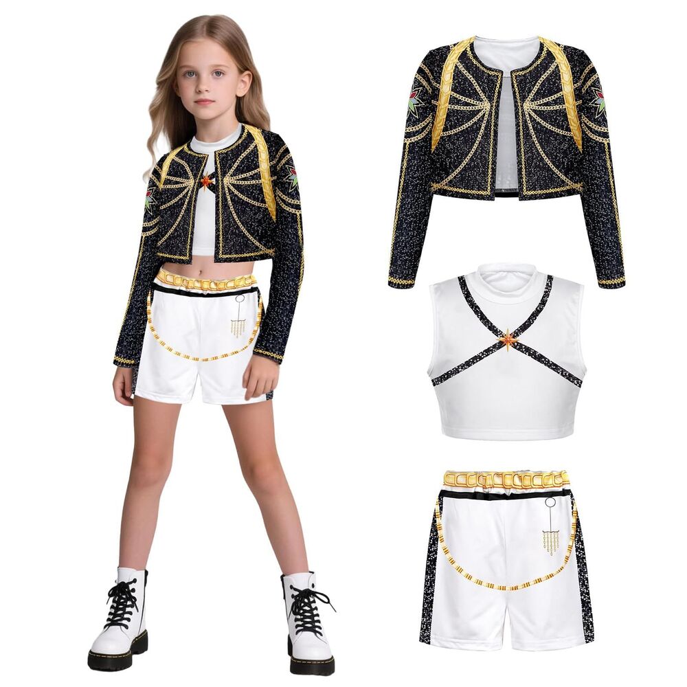 Pop Singer Costume Halloween Clothes for Girls Kids (Black, XXL, 10-11 years)